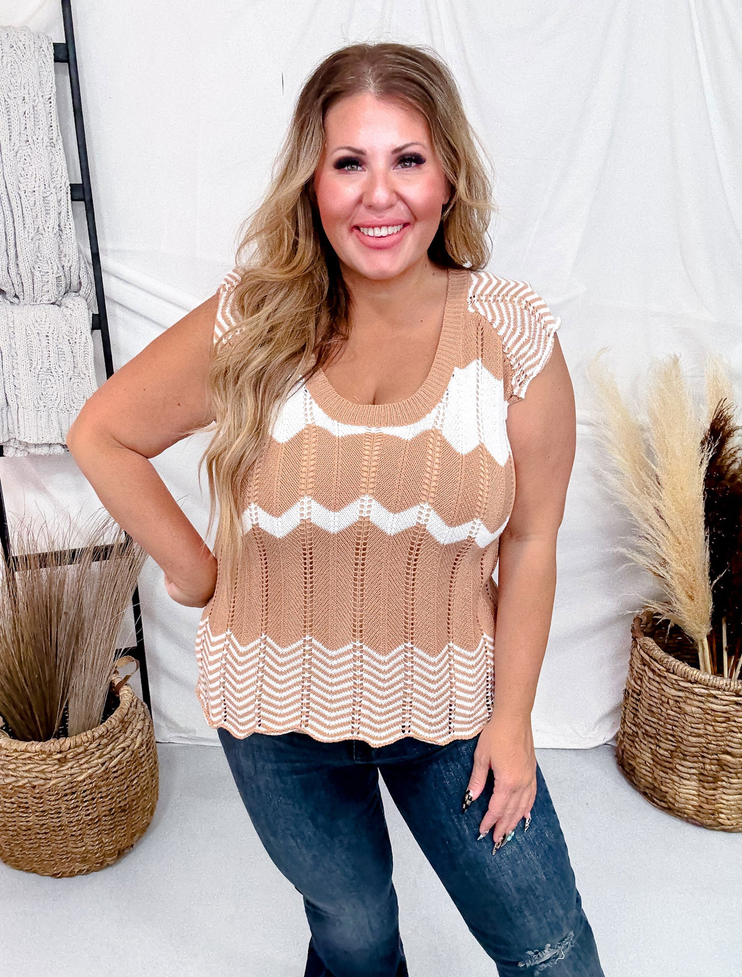 Tan And Cream Textured Knit Sleeveless Top