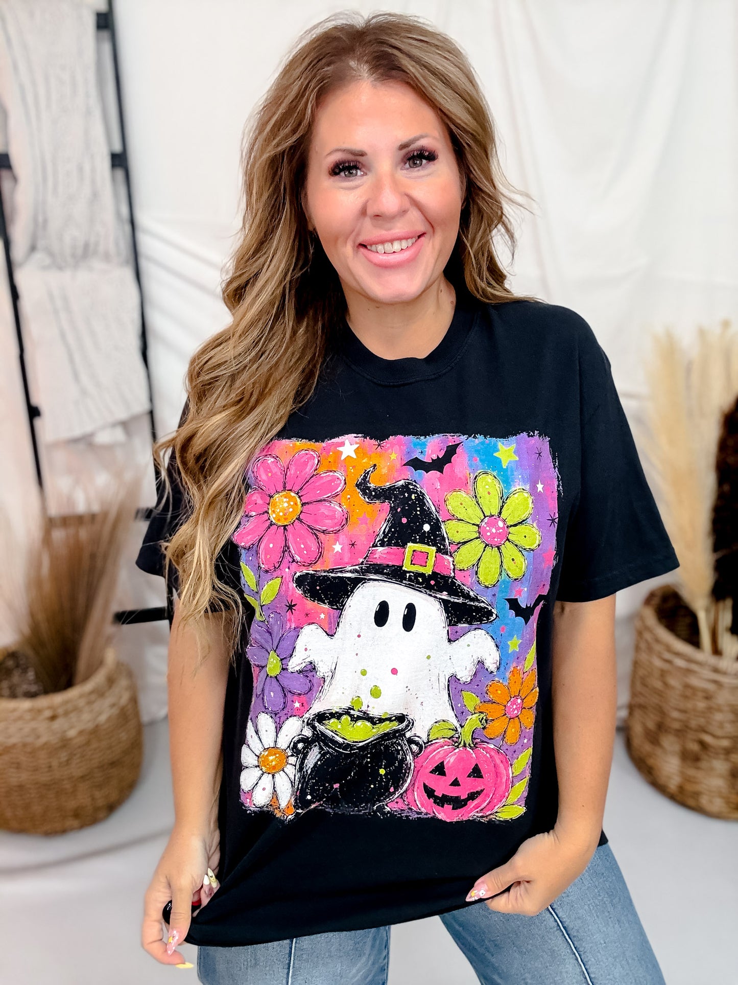 Black Short Sleeve Neon Witch Ghost Graphic Tee