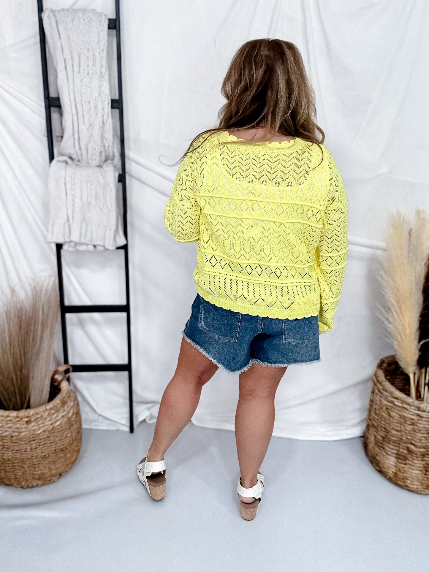 Yellow Long Sleeve Knit Cardigan With Scalloped Edges