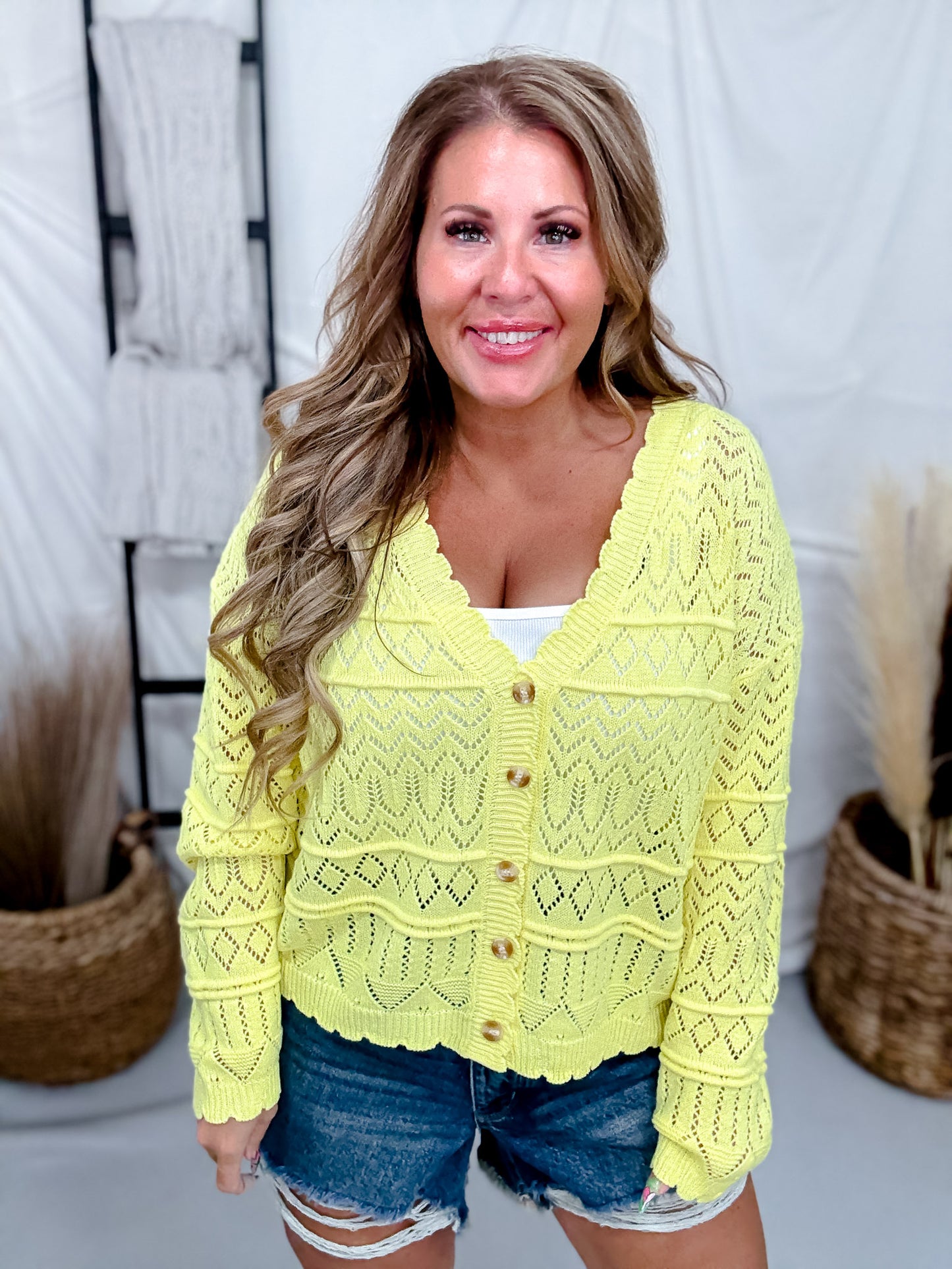 Yellow Long Sleeve Knit Cardigan With Scalloped Edges