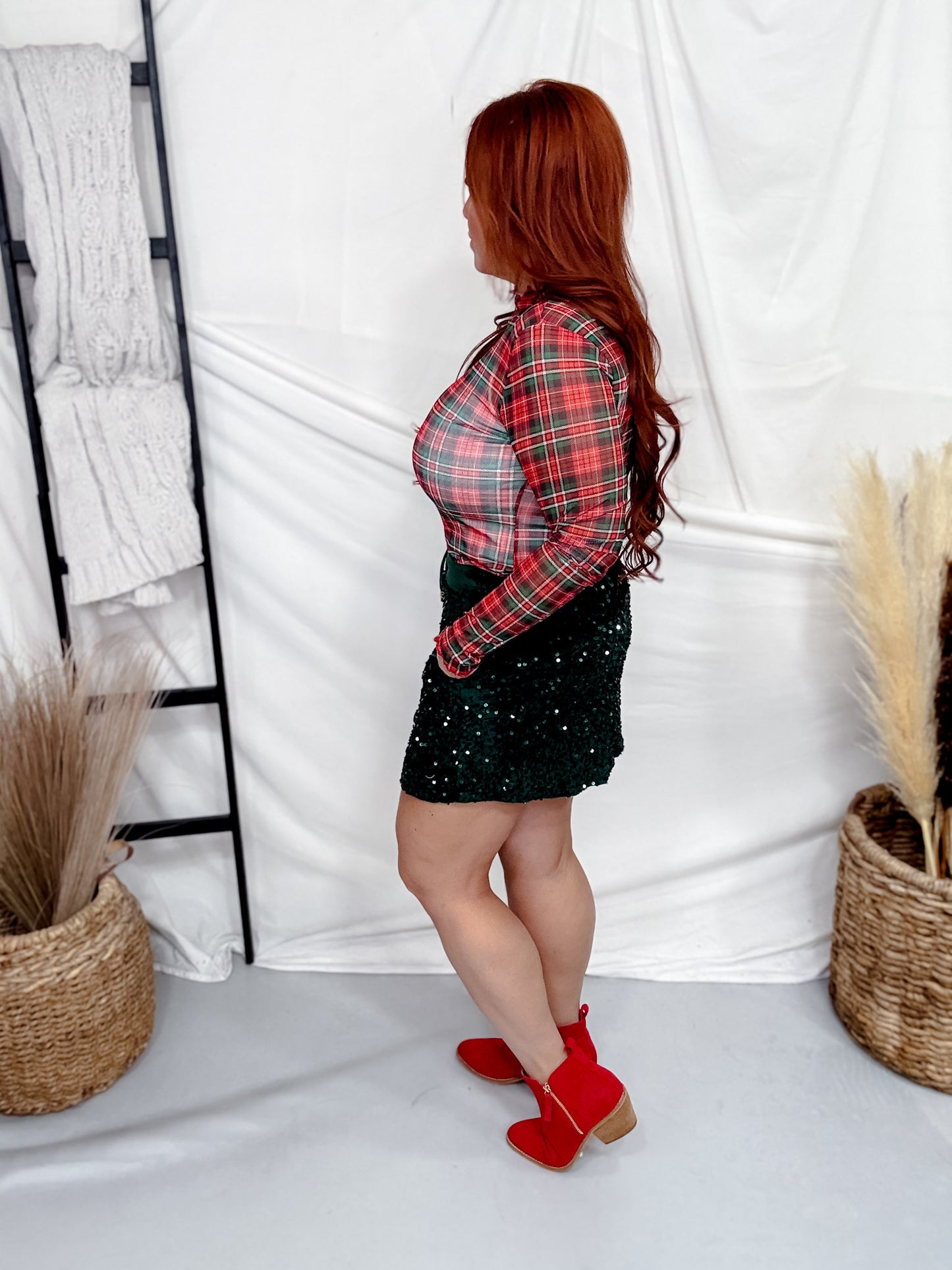 Red Christmas Plaid Long Sleeve Mesh Top With Lettuce Edge Trim