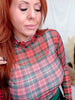 Red Christmas Plaid Long Sleeve Mesh Top With Lettuce Edge Trim