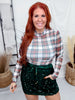 White Christmas Plaid Long Sleeve Mesh Top With Lettuce Edge Trim