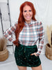 White Christmas Plaid Long Sleeve Mesh Top With Lettuce Edge Trim