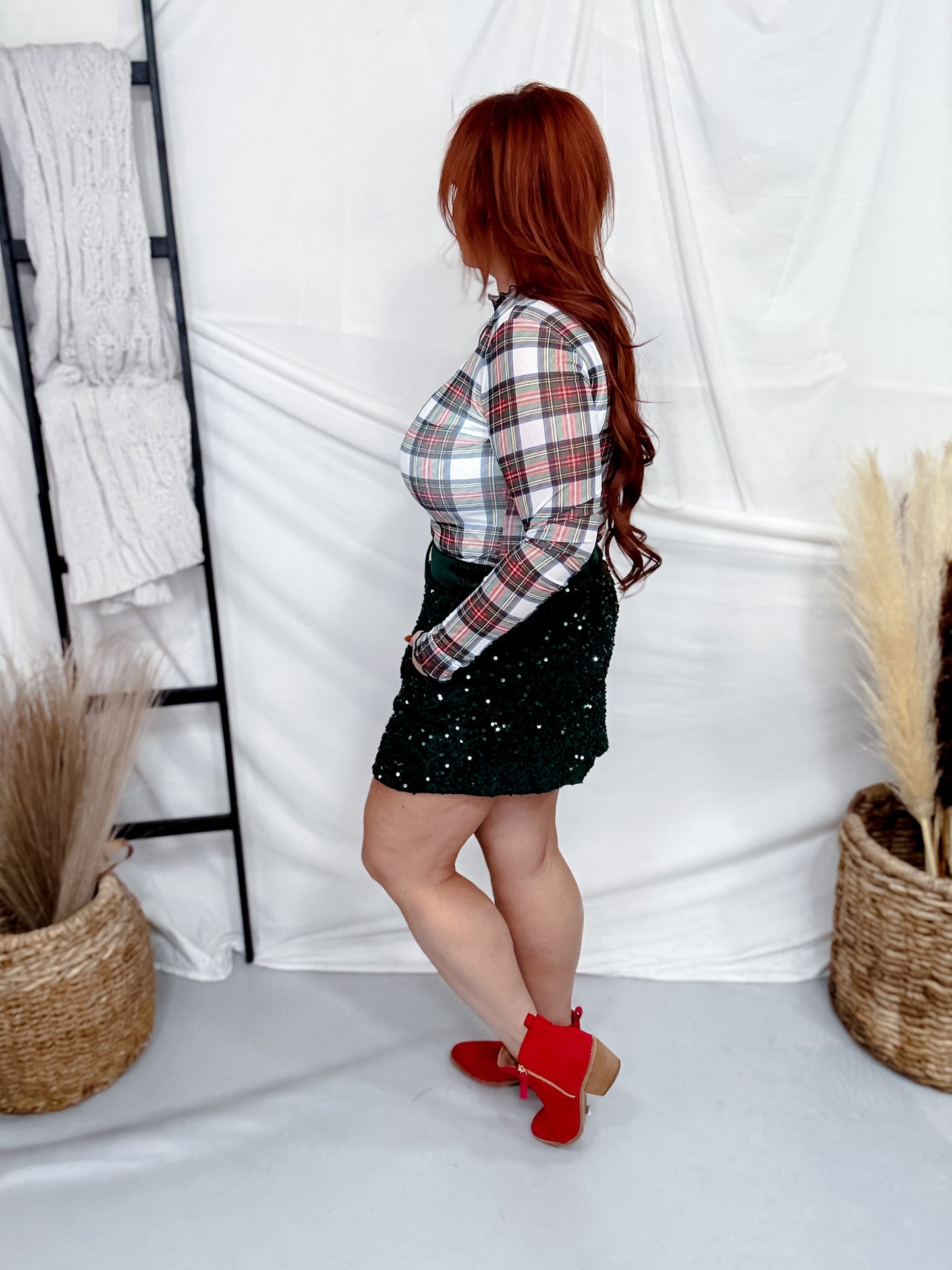 White Christmas Plaid Long Sleeve Mesh Top With Lettuce Edge Trim