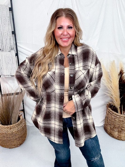 Brown And Taupe Button Down Plaid Shacket