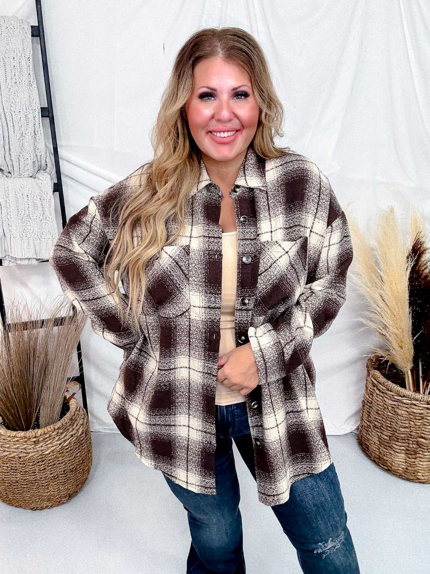 Brown And Taupe Button Down Plaid Shacket Whiskey Skies