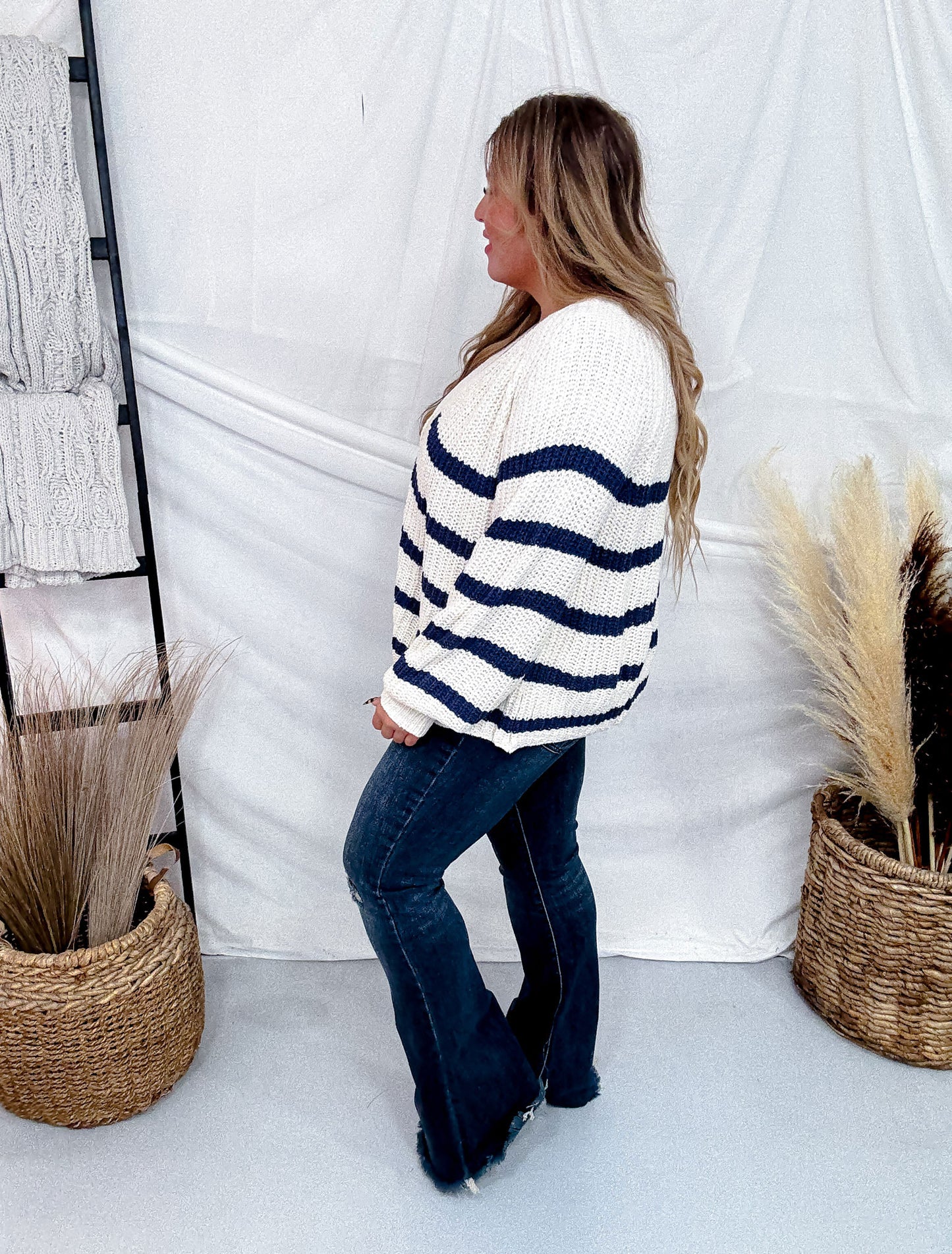 Oatmeal & Navy Striped Button Front Cardigan