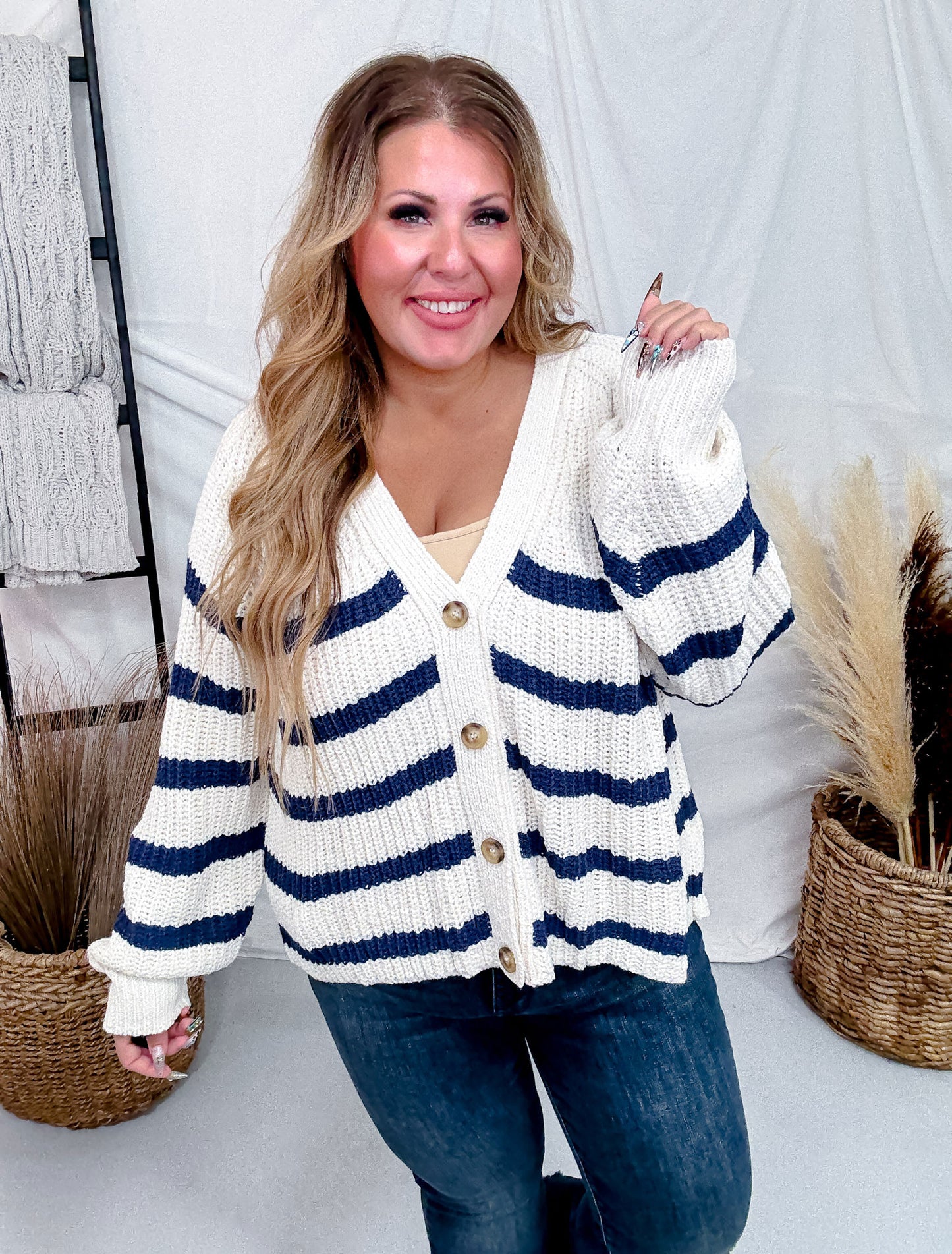 Oatmeal & Navy Striped Button Front Cardigan