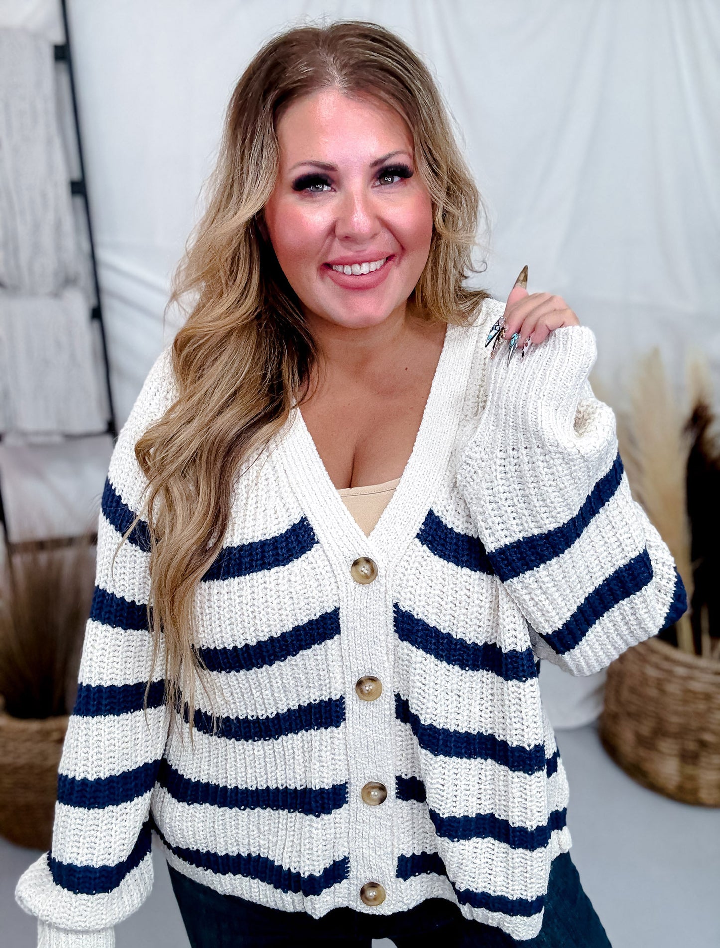 Oatmeal & Navy Striped Button Front Cardigan