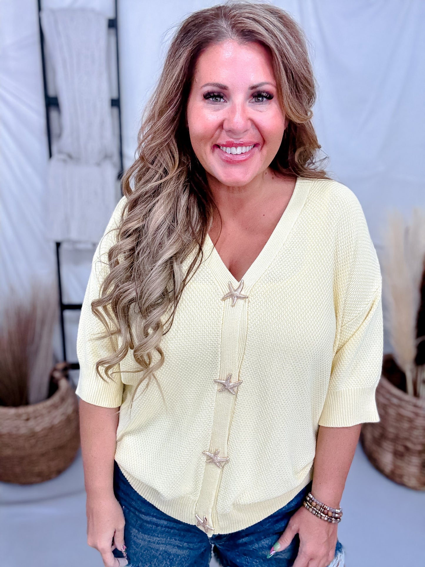 Yellow Short Sleeve Cardigan With Starfish Buttons
