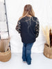 Black Knit Pullover Top With Bow Print Puff Sleeves