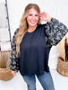 Black Knit Pullover Top With Bow Print Puff Sleeves
