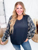 Black Knit Pullover Top With Bow Print Puff Sleeves
