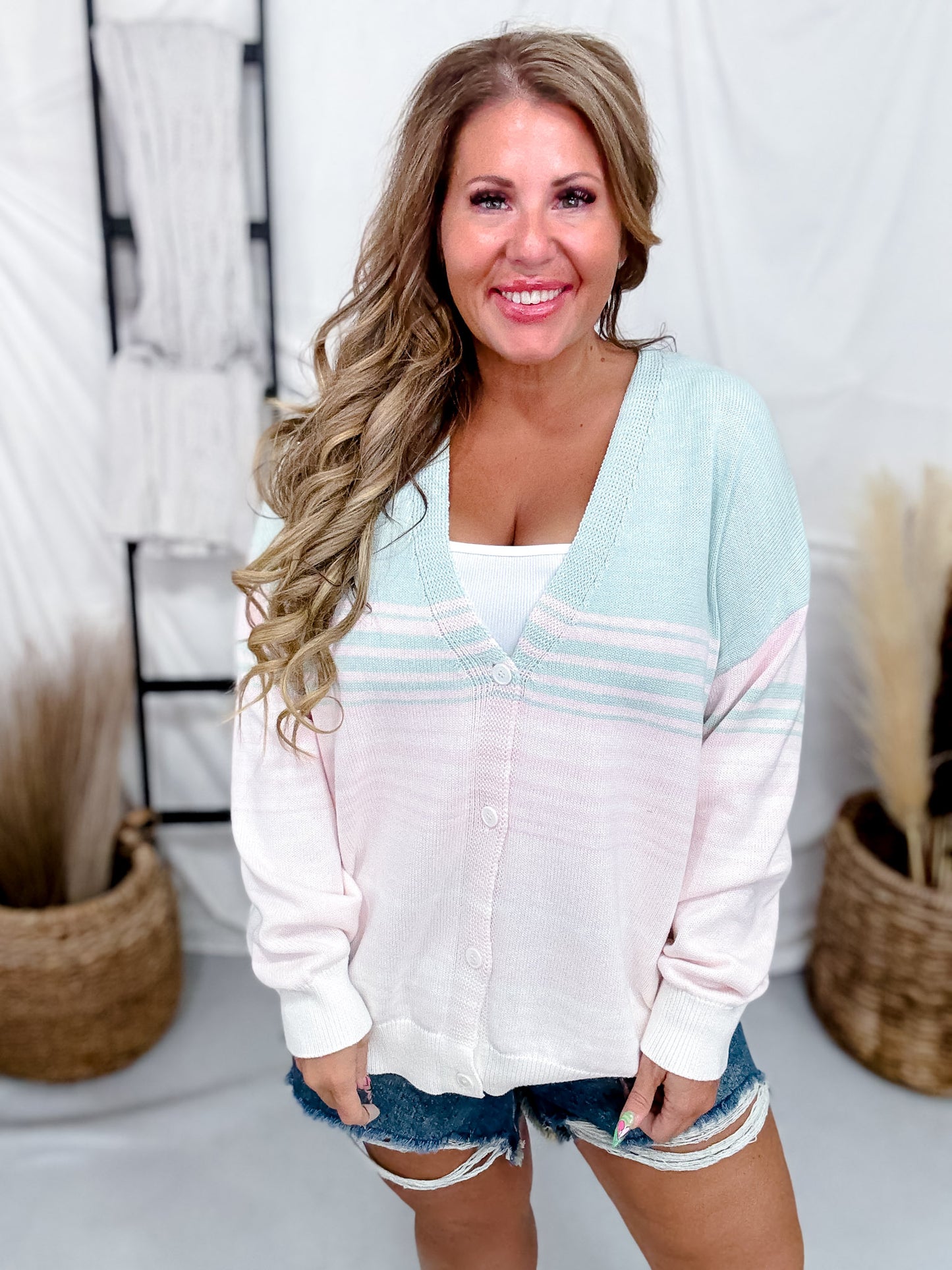 Mint & Pink Striped Long Sleeve Cardigan