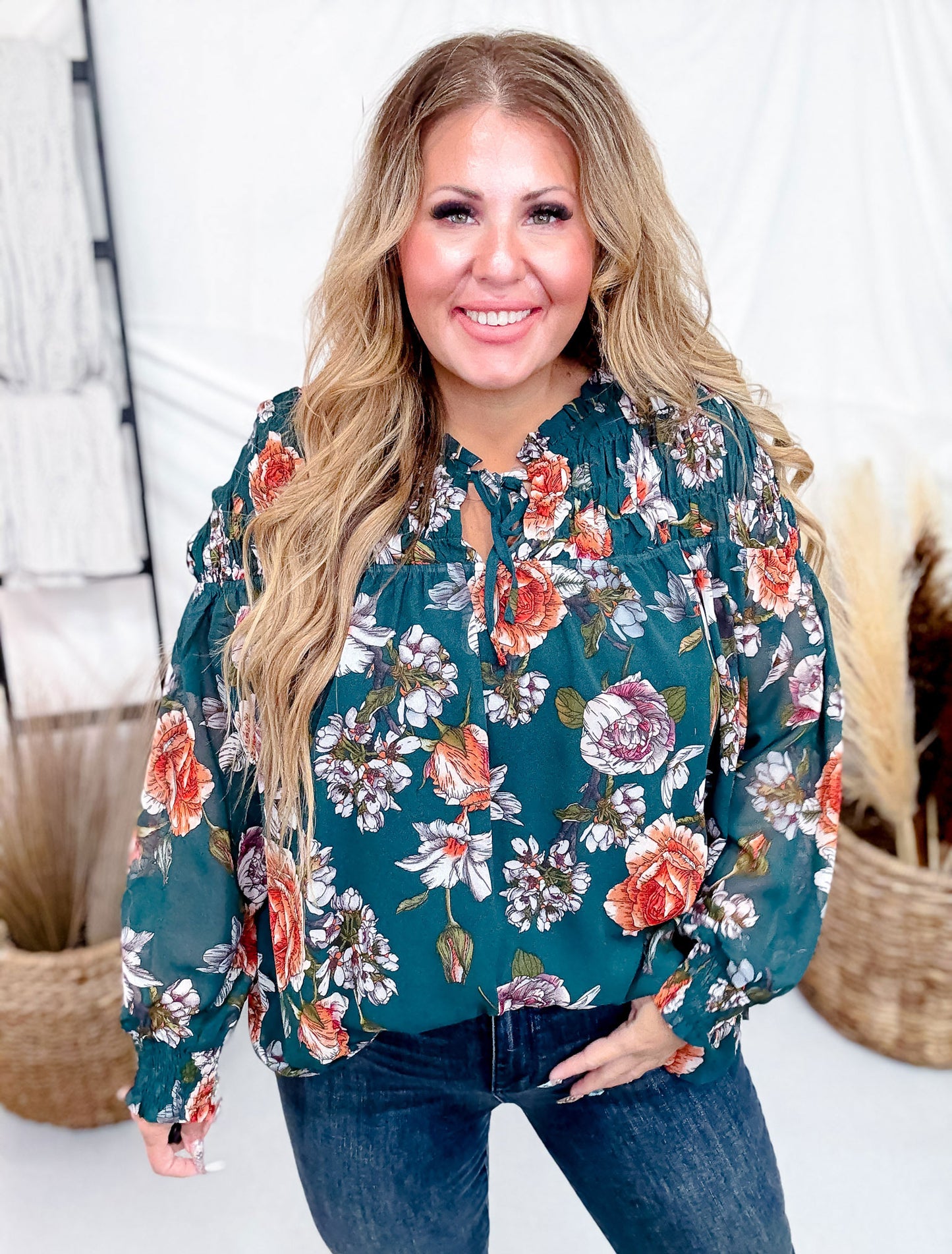 Hunter Green Floral Print Smocked Tie Front Top