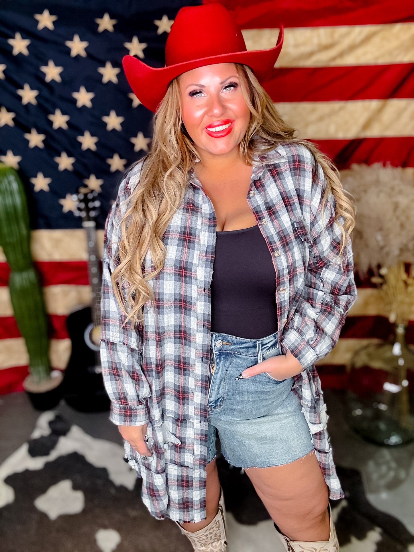 Star Patch Button Front Plaid Shirt Dress