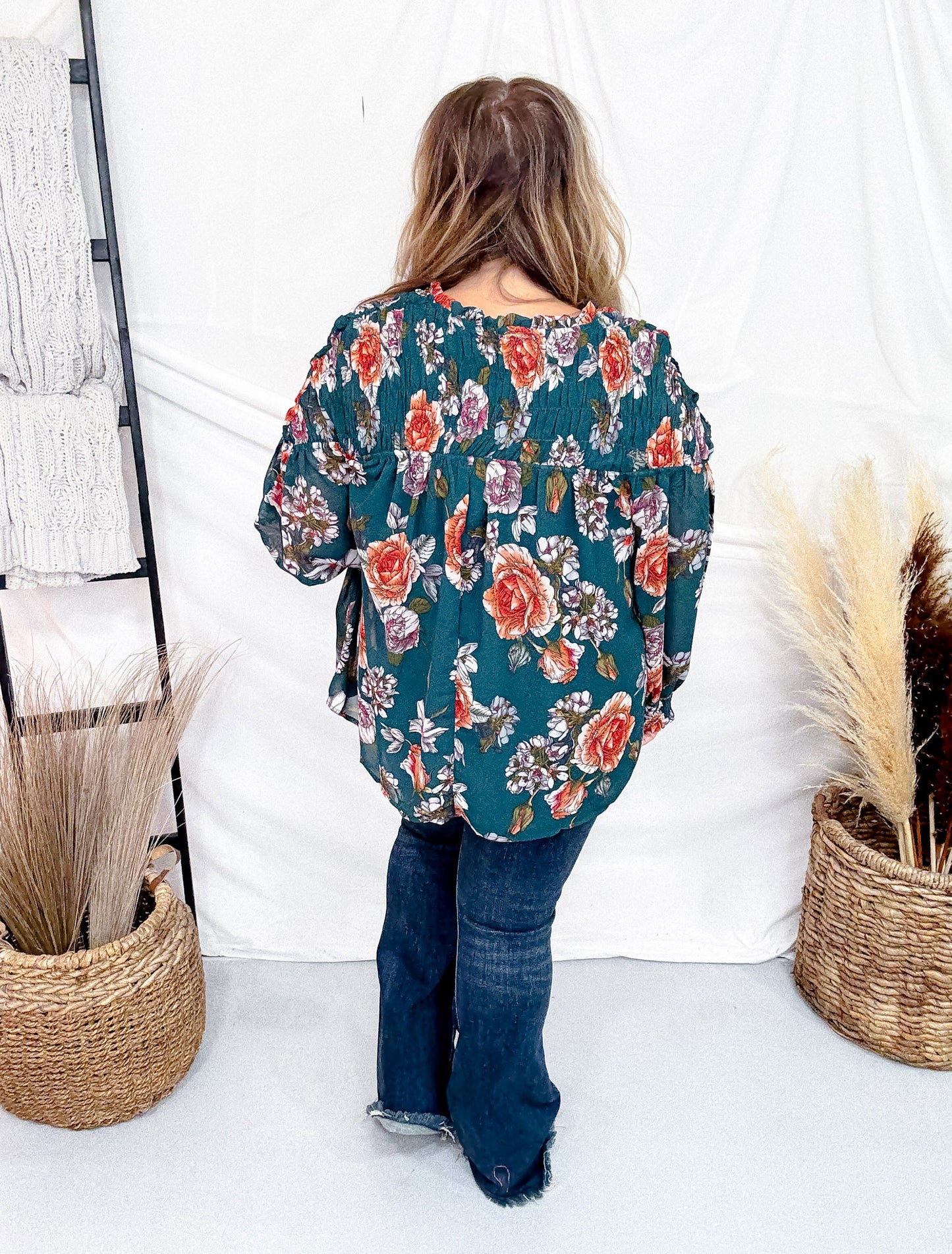 Hunter Green Floral Print Smocked Tie Front Top