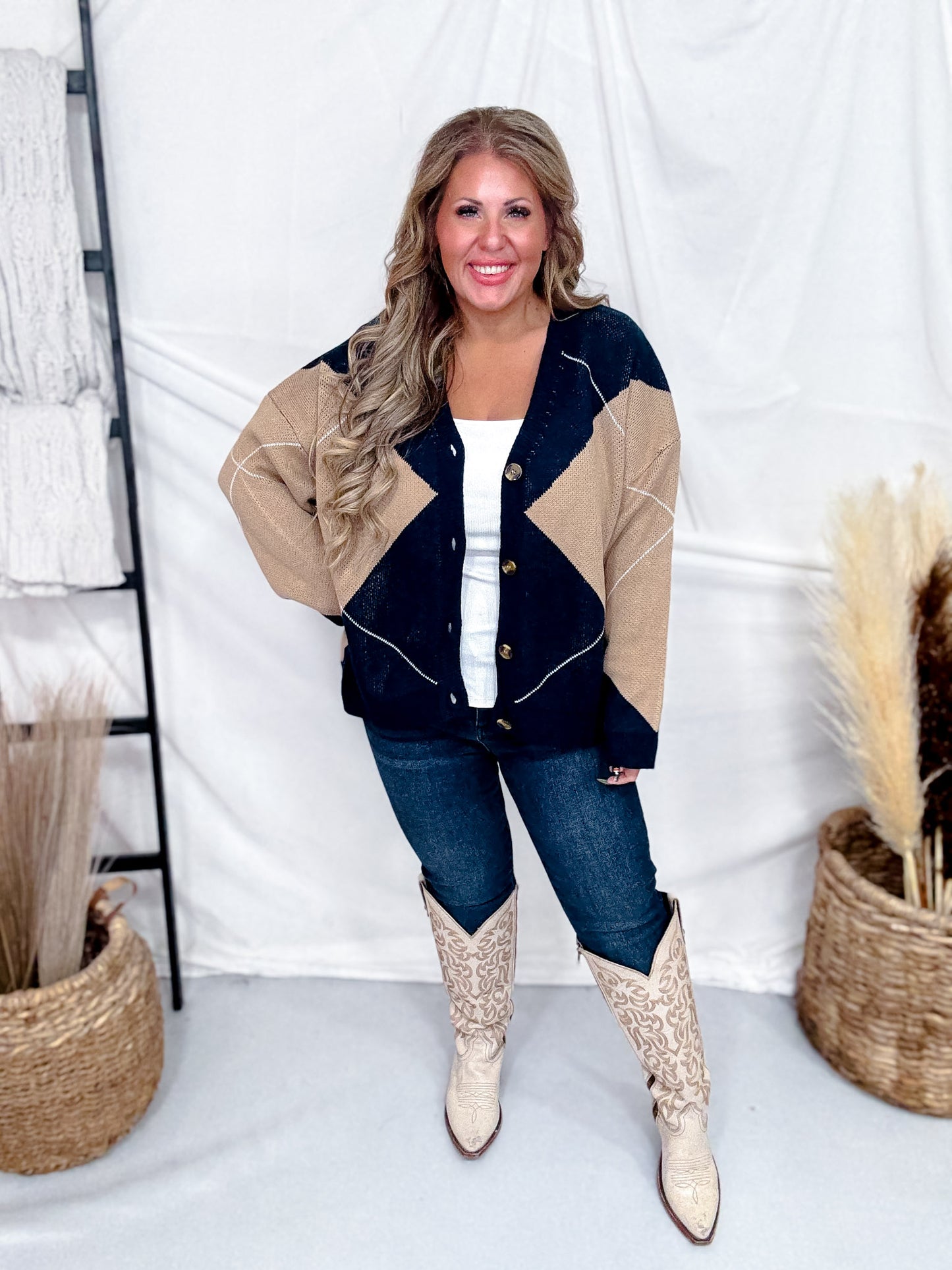 Navy & Brown Argyle Sweater Cardigan