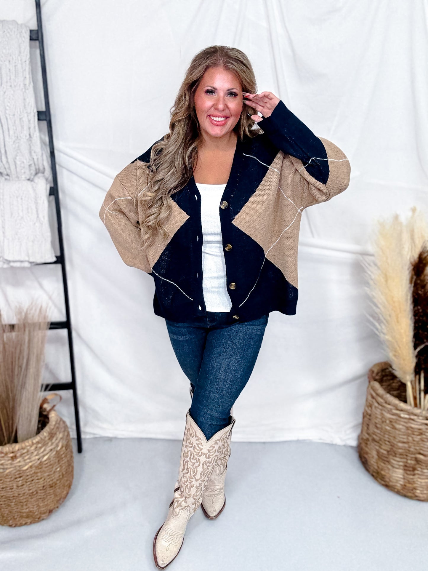 Navy & Brown Argyle Sweater Cardigan