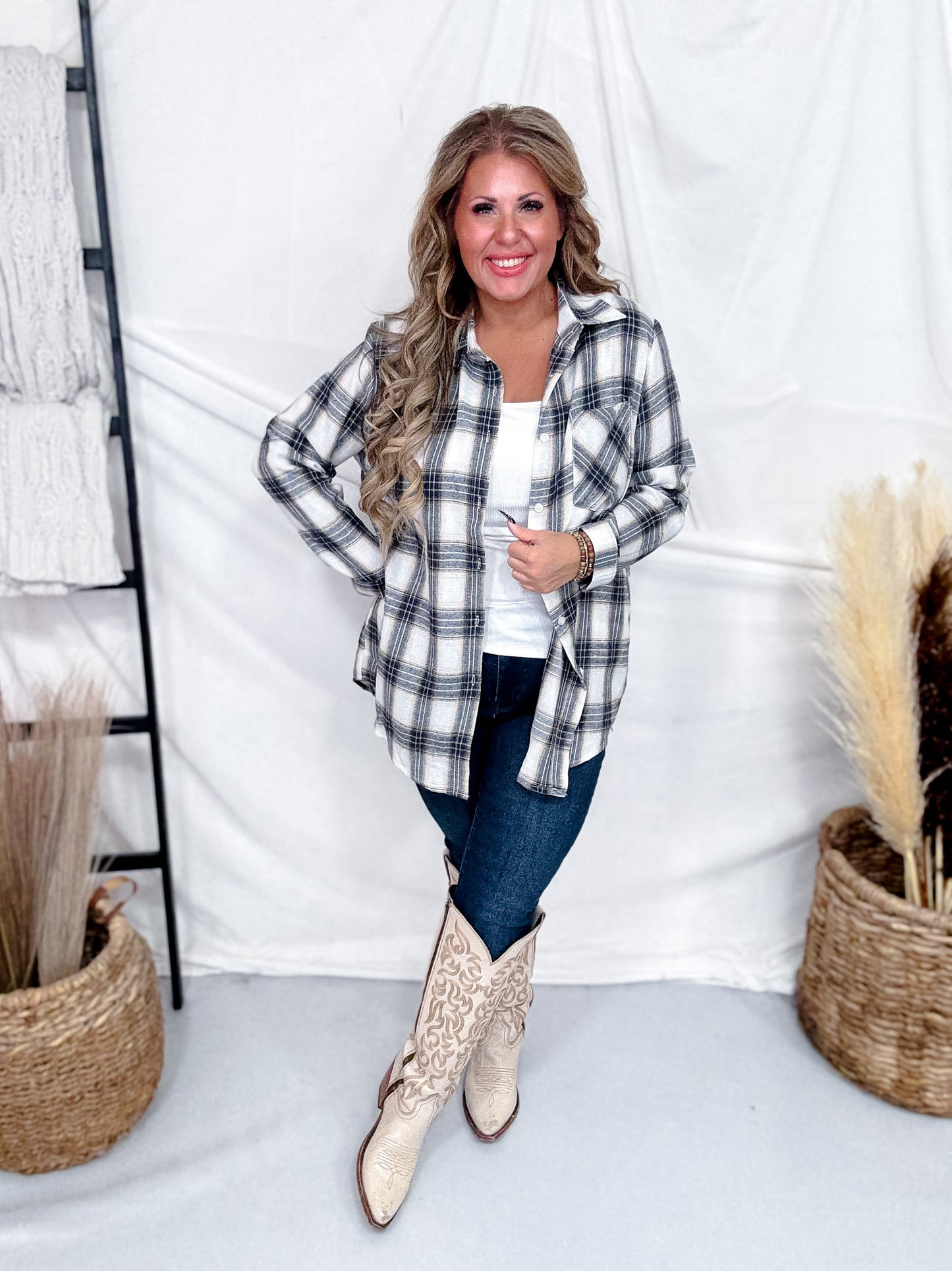 Cream & Olive Green Plaid Button Down Flannel Top
