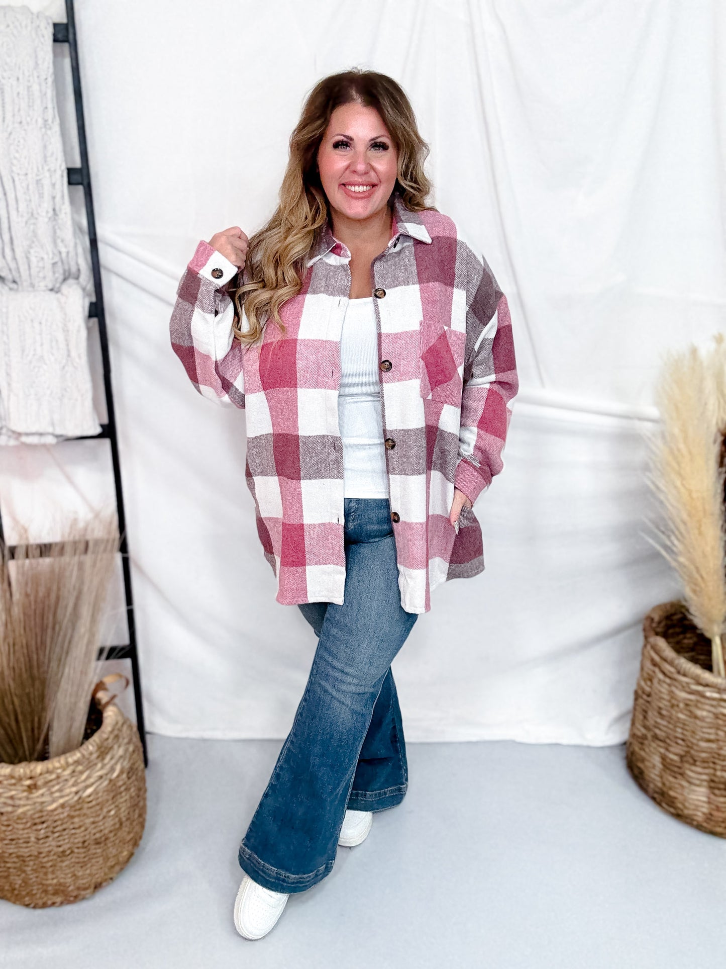 Pink Plaid Button Down Flannel Shacket