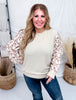 Textured Taupe Top With Cuffed Floral Sleeves