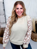 Textured Taupe Top With Cuffed Floral Sleeves