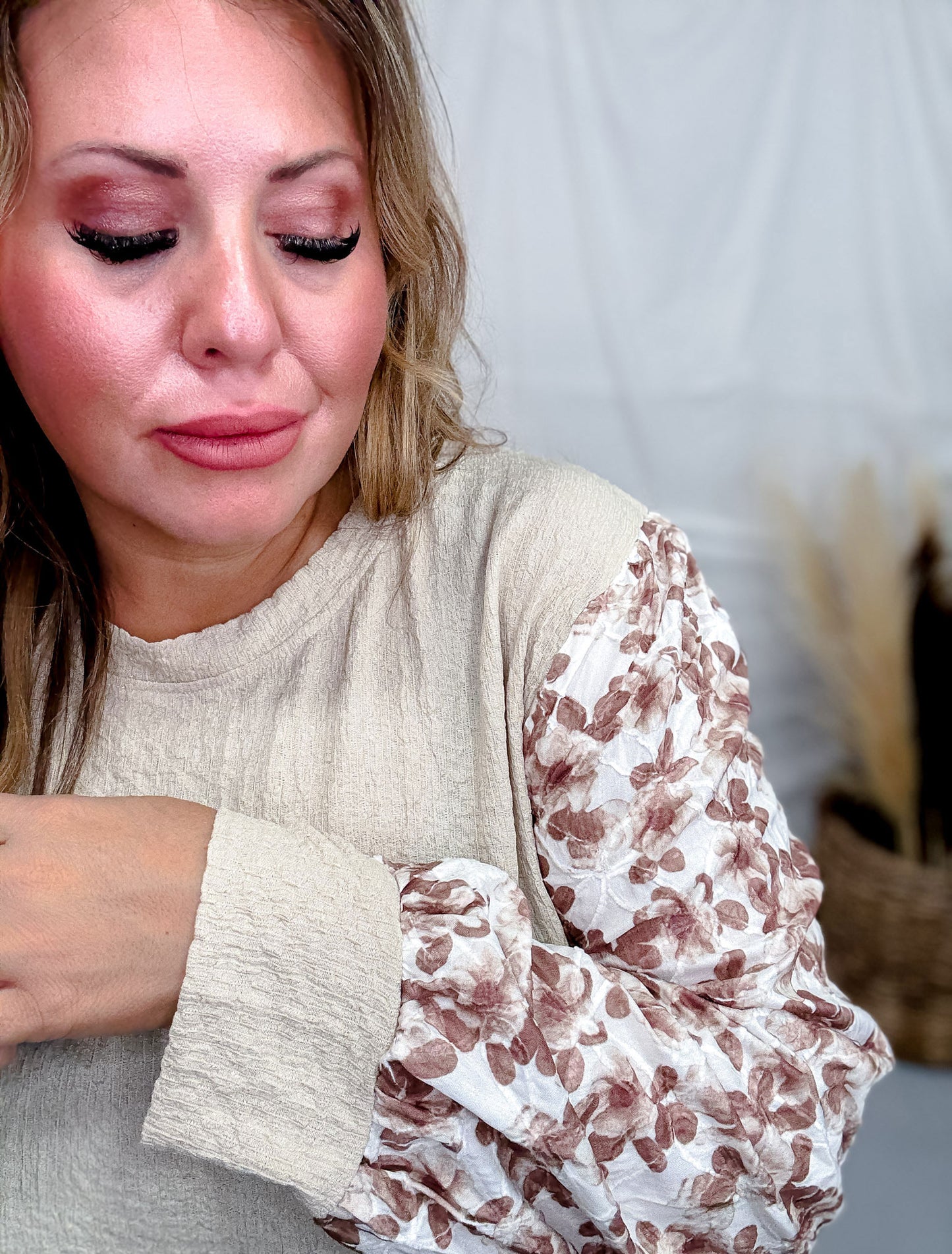 Textured Taupe Top With Cuffed Floral Sleeves