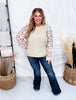 Textured Taupe Top With Cuffed Floral Sleeves
