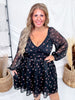 Black Floral Print Dress With Bubble Sleeves & Lace Piping
