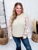 Textured Taupe Top With Cuffed Floral Sleeves