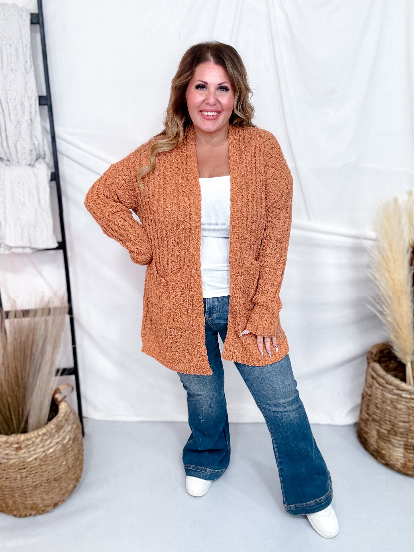 Open Front Popcorn Textured Cardigan In Adobe