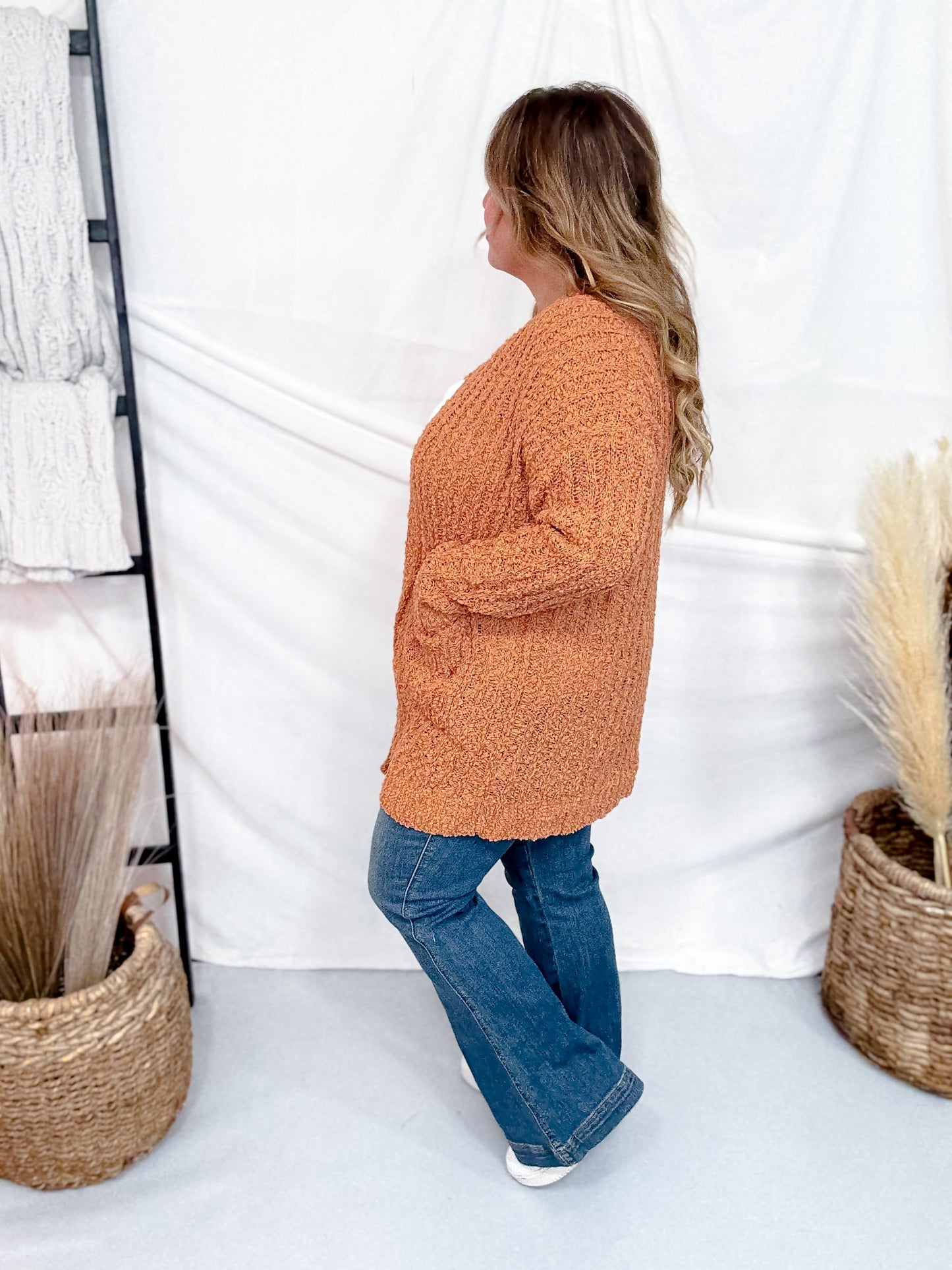 Open Front Popcorn Textured Cardigan In Adobe