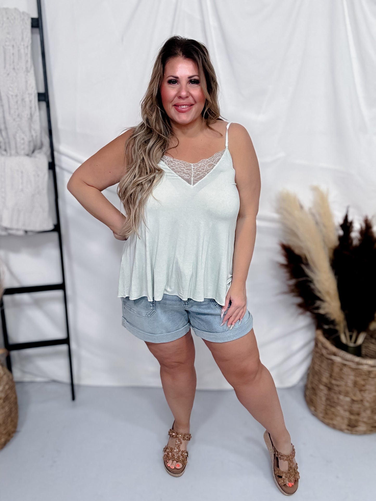 Desert Sage V-Neck Camisole Tank Top W/ Lace Detail