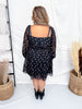 Black Floral Print Dress With Bubble Sleeves & Lace Piping