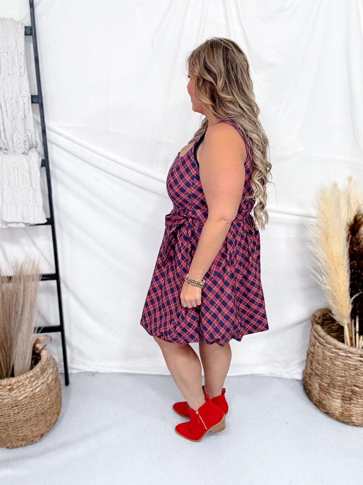 Red Plaid Sleeveless Dress With Bubble Hem
