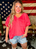 Red Garment Washed V-Neck Shirt with Elastic Sleeves