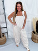 Taupe & White Pinstriped Barrel Leg Overalls