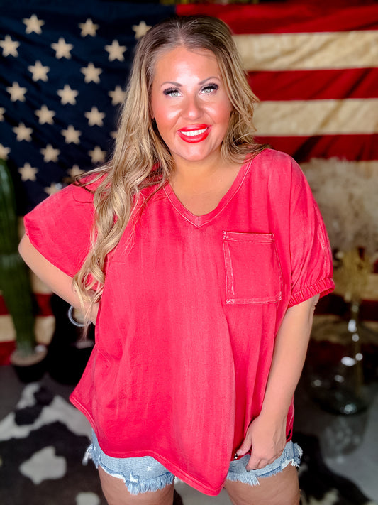 Red Garment Washed V-Neck Shirt with Elastic Sleeves