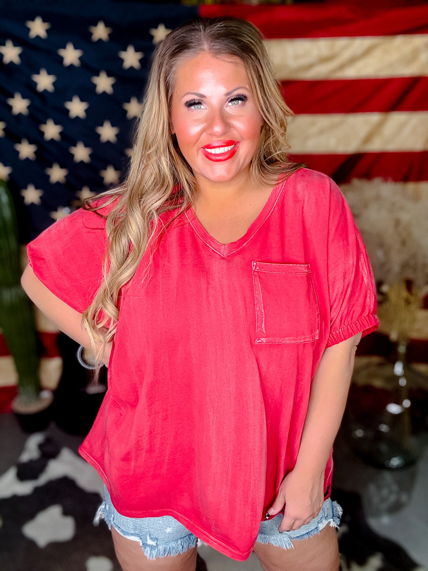 Red Garment Washed V-Neck Shirt with Elastic Sleeves