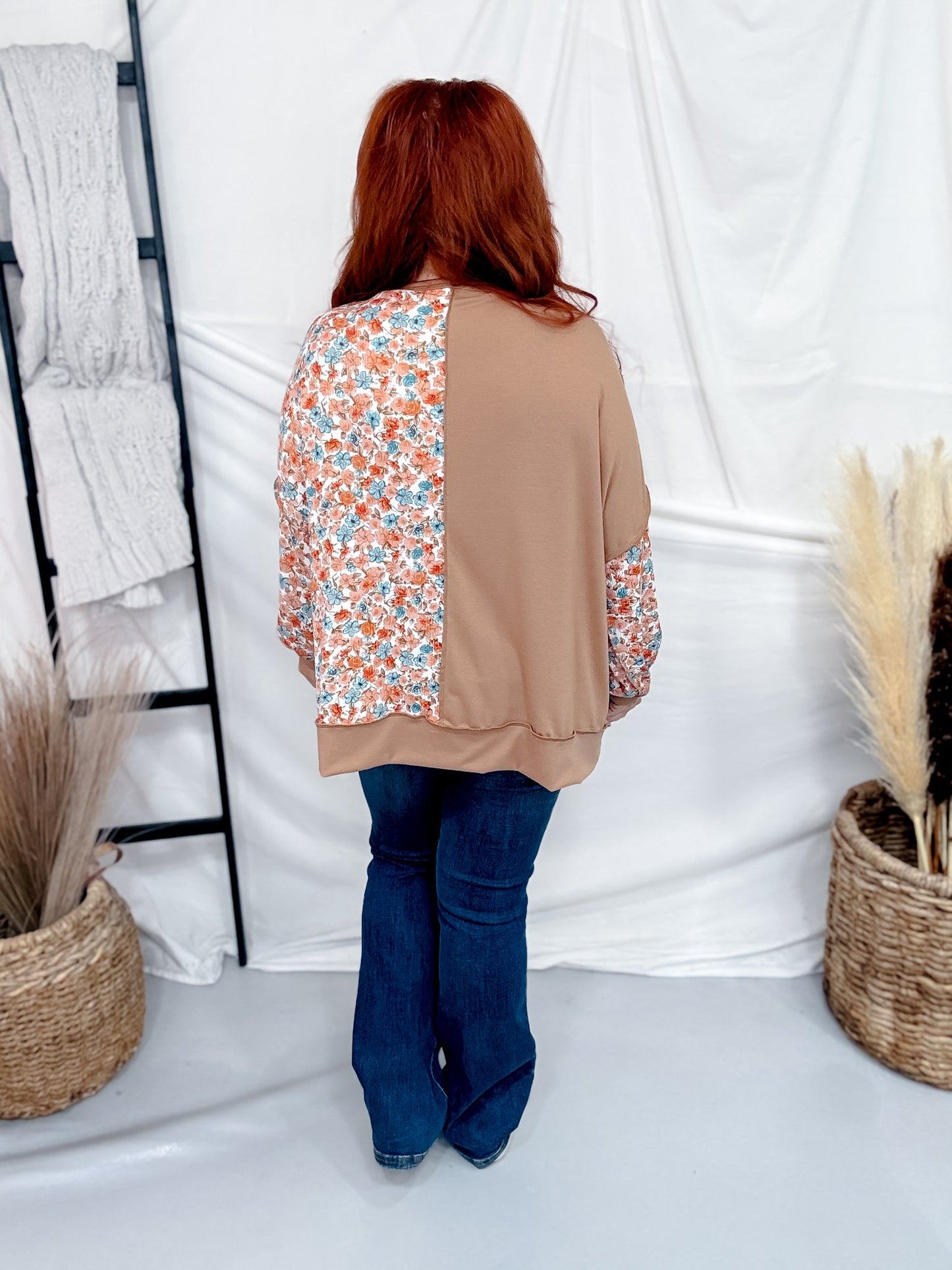 Mixed Floral & Stripe Print Long Sleeve Top In Caramel