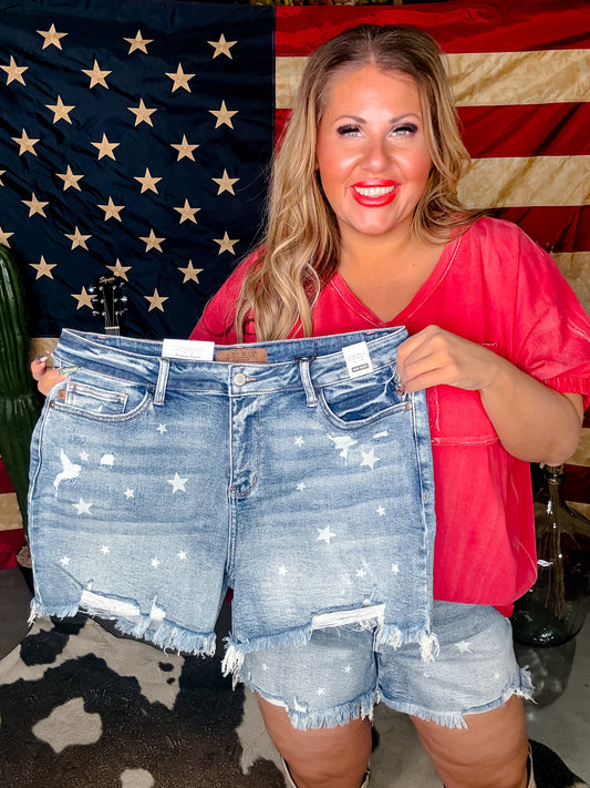 High-Rise Star Print Cut Off Distressed Judy Blue Denim Shorts