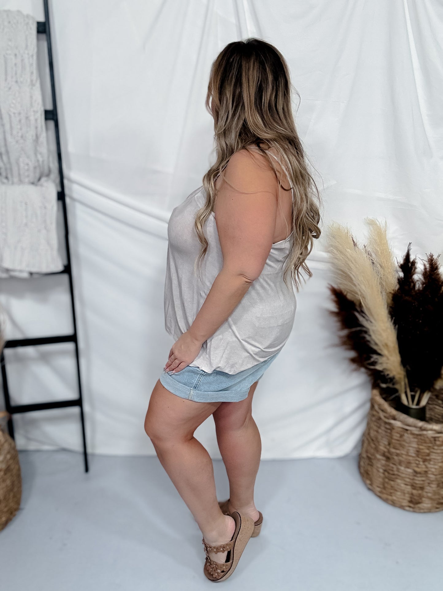 Romantic Taupe V-Neck Camisole Tank Top W/ Lace Detail