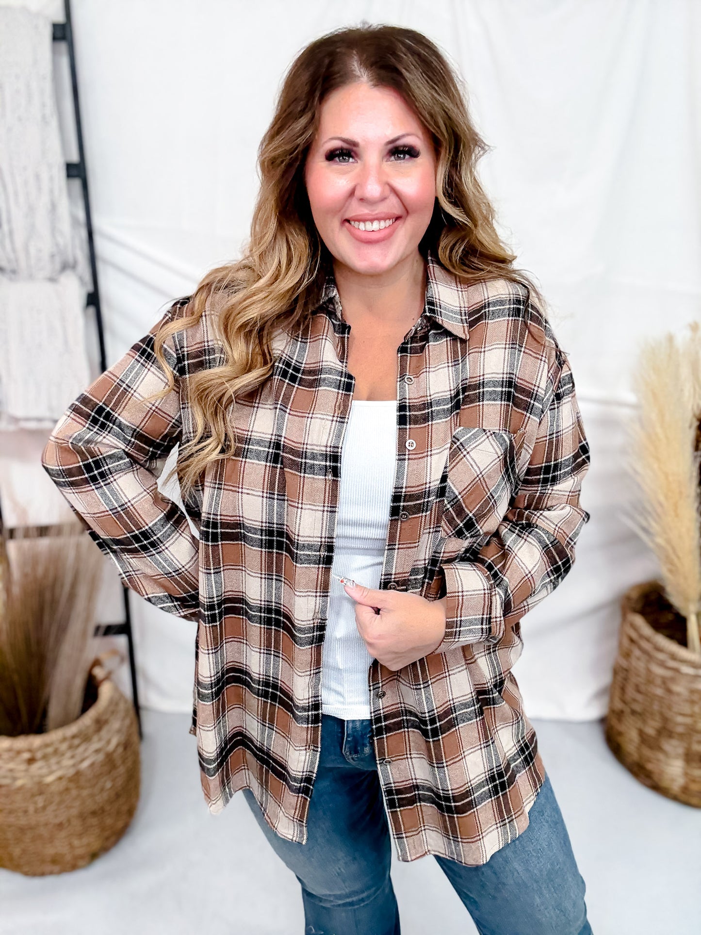 Button Front Brown Plaid Flannel