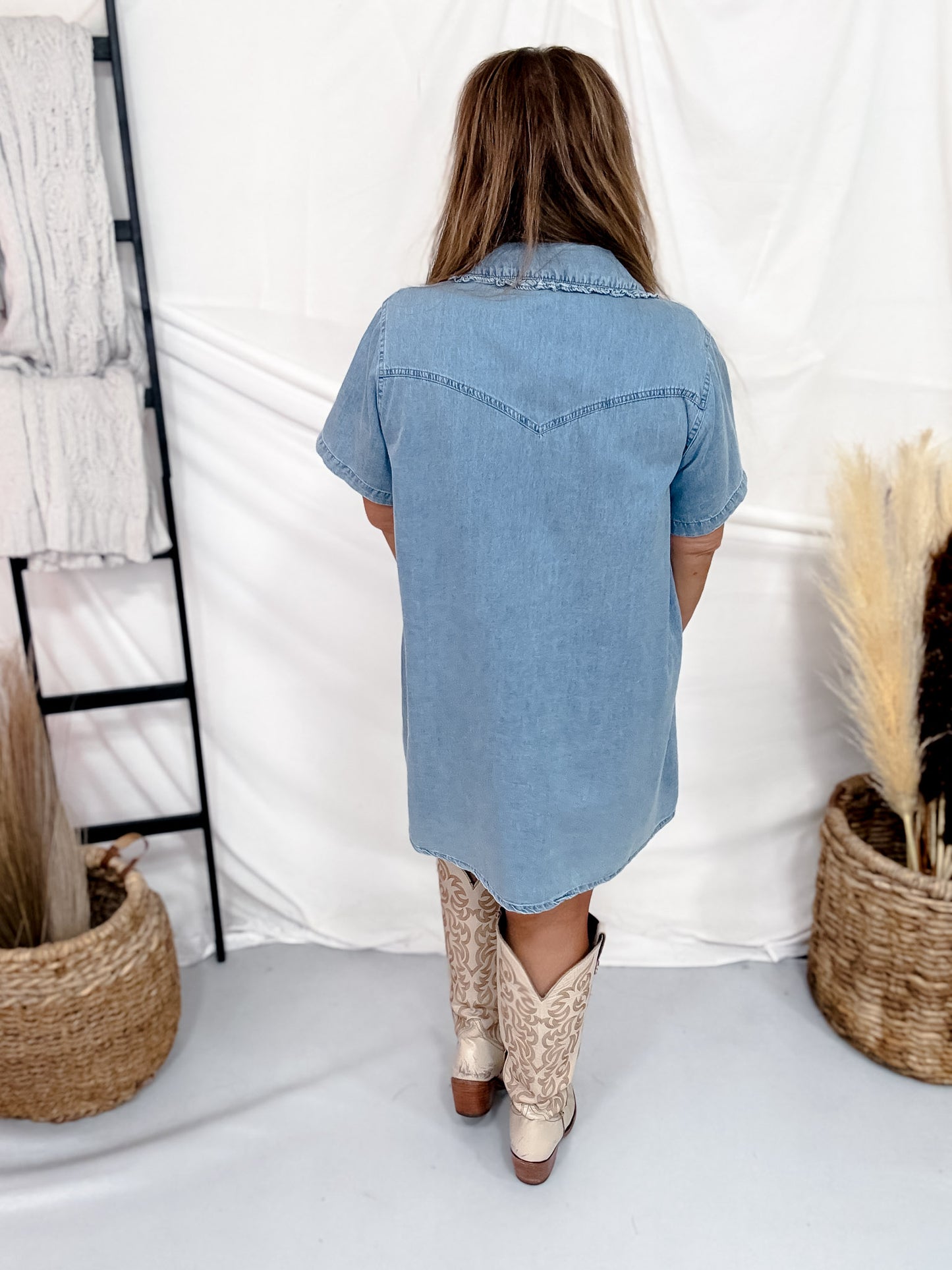 High Plains Button Down Short Sleeve Denim Dress With Ruffled Collar