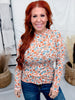 Rust & Blue Floral Print Ribbed Top With Lettuce Edge Hems