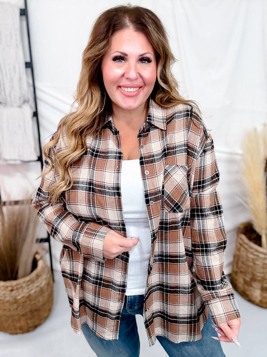 Button Front Brown Plaid Flannel