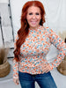 Rust & Blue Floral Print Ribbed Top With Lettuce Edge Hems