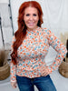 Rust & Blue Floral Print Ribbed Top With Lettuce Edge Hems